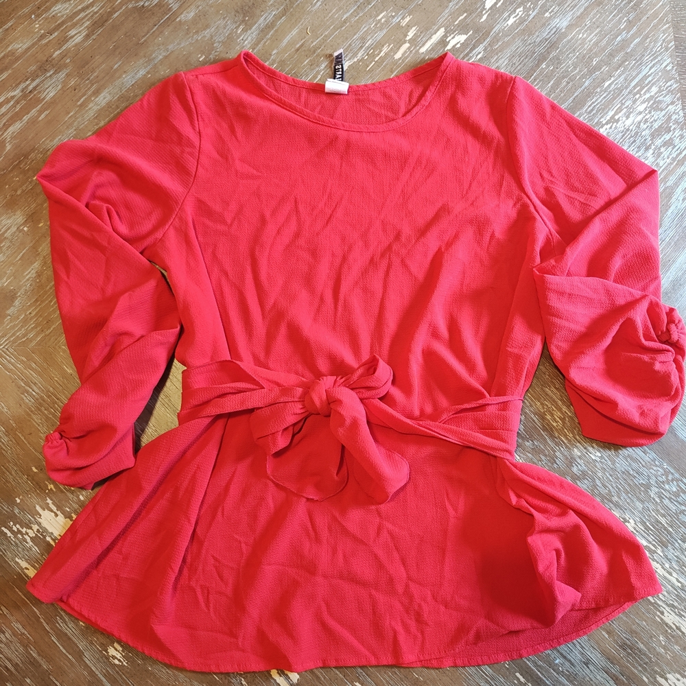 Chic Red Blouse with Waist Tie